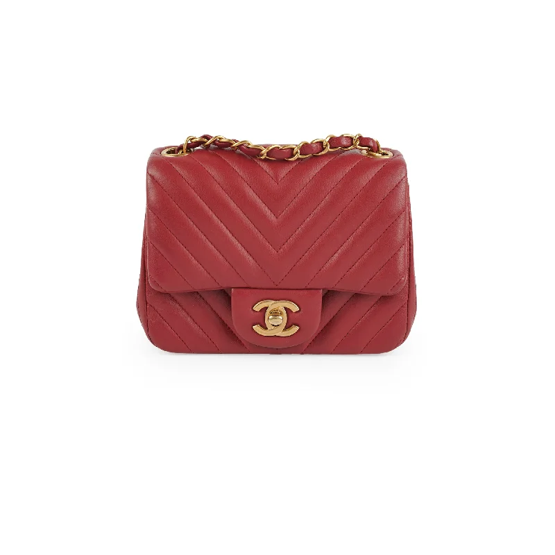 Chanel Mini Square Chevron Lambskin Red Crossbody Bag