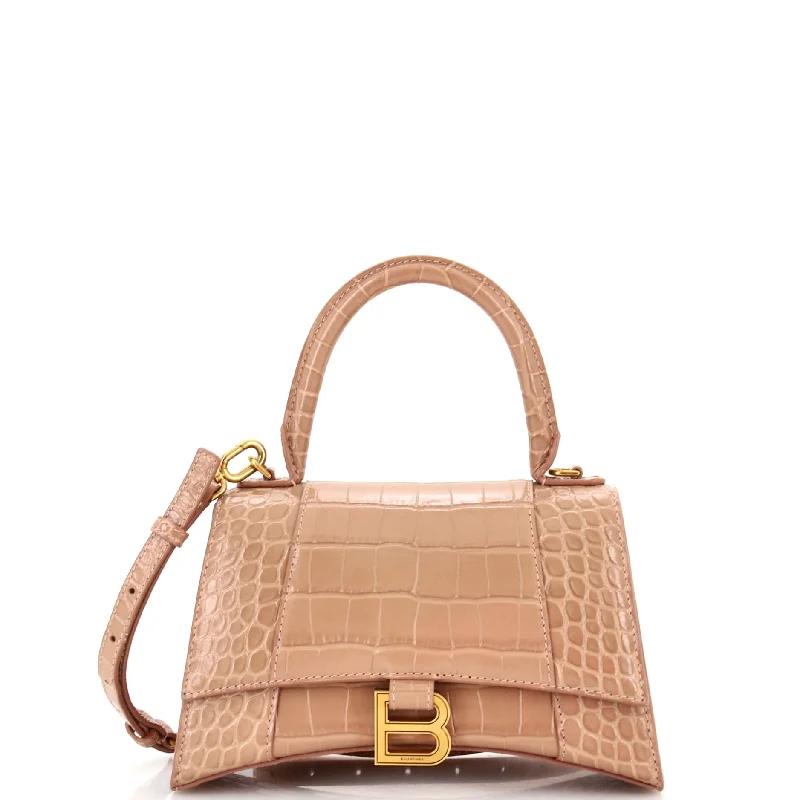 Hourglass Top Handle Bag Crocodile Embossed Leather Small