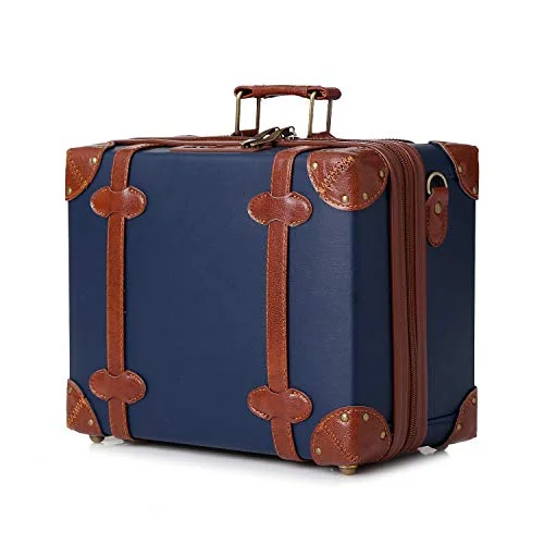 urecity Cute Vintage Carry on Mini Trunk Suitcase with Leather Strips and Shoulder Strap (Navy Blue)