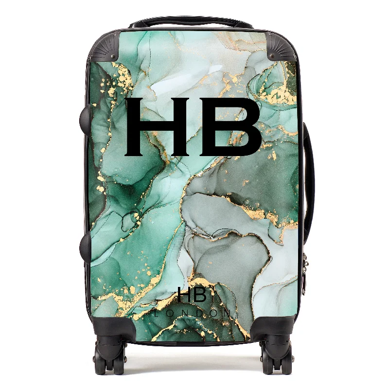 Personalised Emerald and Gold Ink Marble with Black Font Initial Suitcase