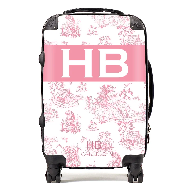 Personalised Pink Oriental Toile with Original Font Initial Suitcase