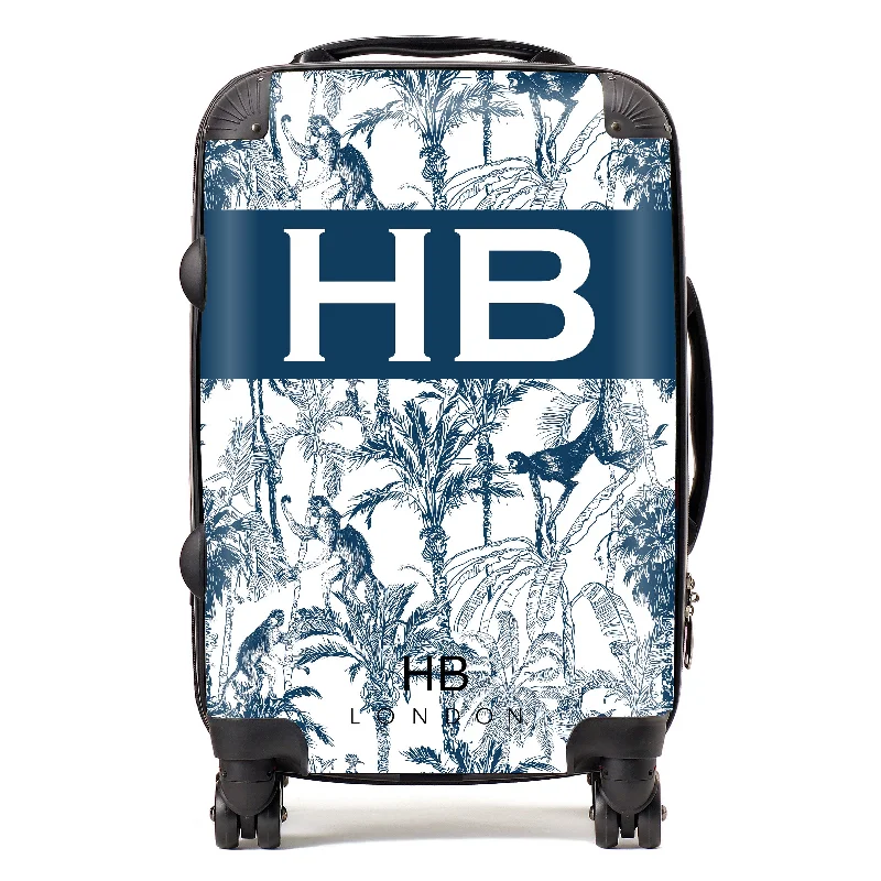 Personalised Navy Jungle Toile with Original Font Initial Suitcase