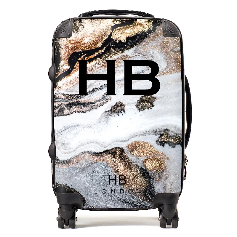 Personalised Golden Charcoal Liquid Marble with Black Font Initial Suitcase