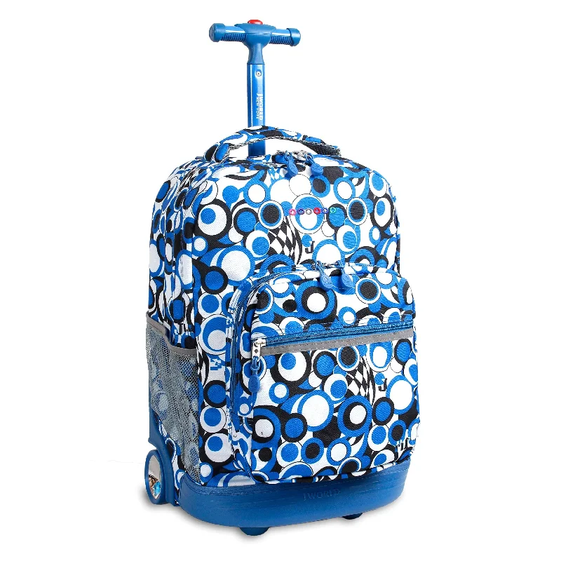 J World New York Sunrise 18-inch Rolling Backpack - Chess Blue Geometric Polyester Adjustable Strap Lined Water Resistant