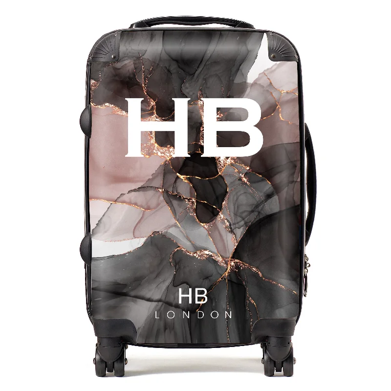 Personalised Black and Dusky Ink Marble with White Font Initial Suitcase