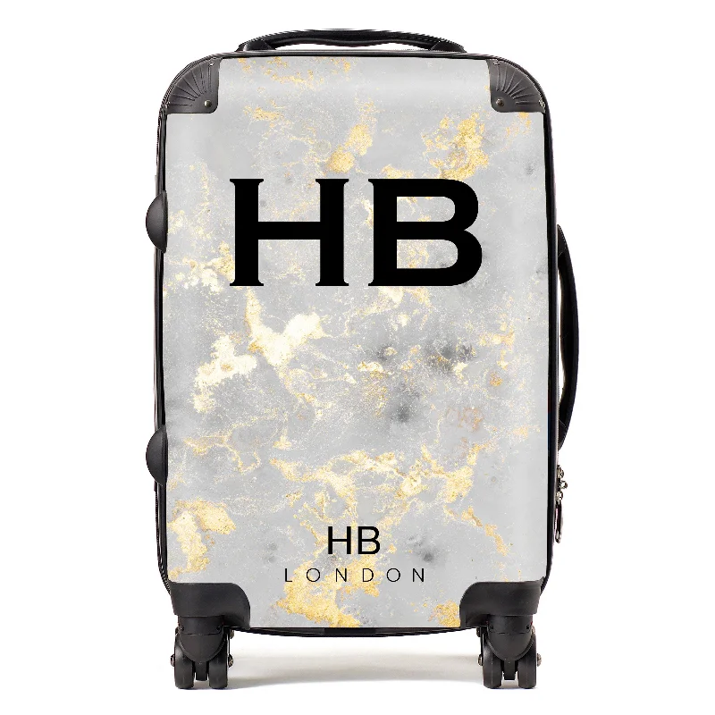 Personalised Grey and Gold Foil Marble Initial Suitcase