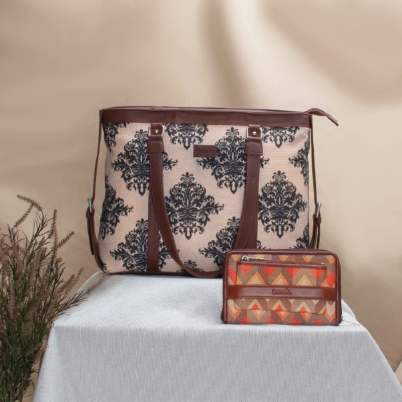 Mughal Motif & Tidal Wave - Women's Office Bag & Classic Zipper Wallet Combo