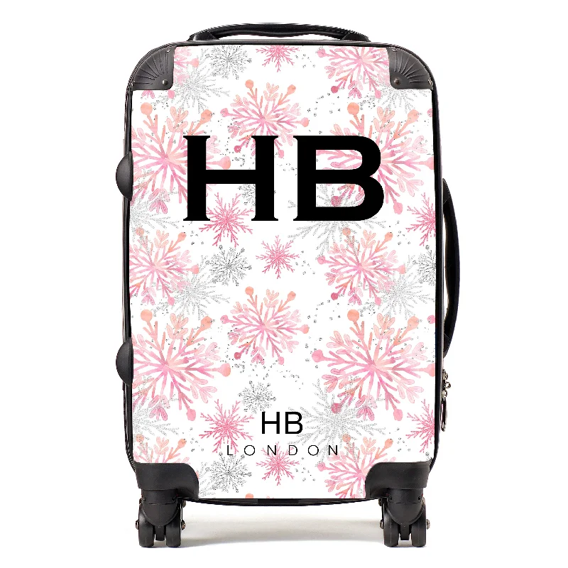 Personalised Pink and Silver Snowflake with Black Font Initial Suitcase