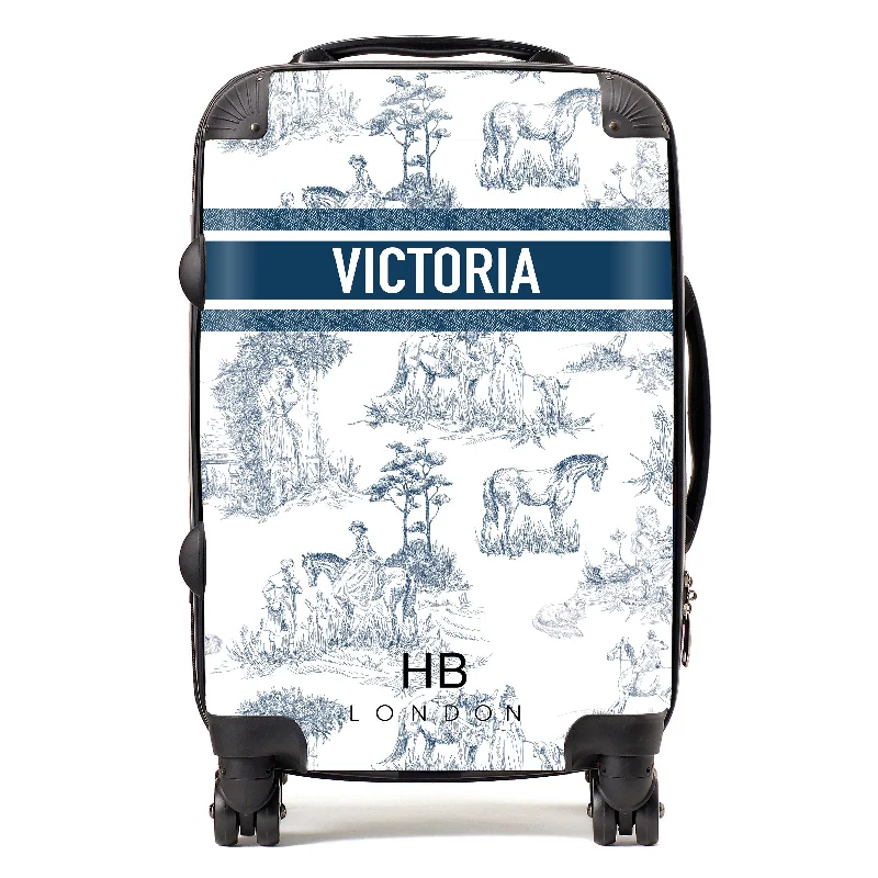 Personalised Navy French Toile with Designer Font Initial Suitcase