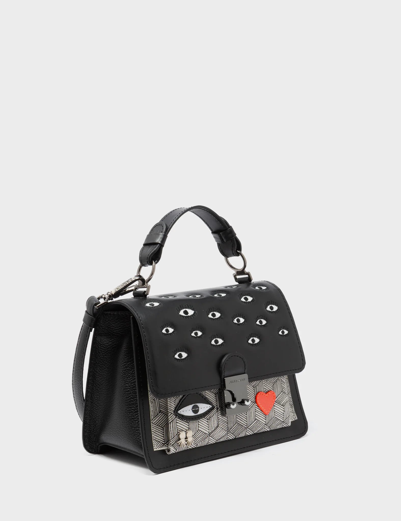 Silas Black Small Leather Crossbody Bag - All Over Eyes Embroidery