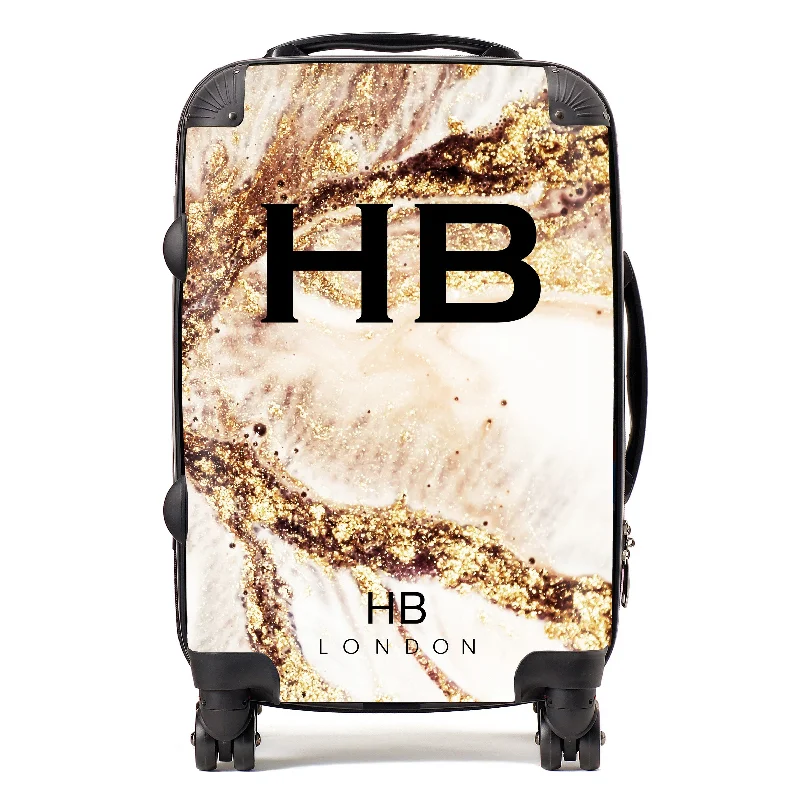 Personalised Golden Cracked Marble with Black Font Initial Suitcase