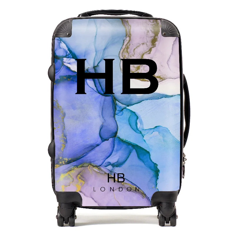 Personalised Blue and Purple Ink Marble with Black Font Initial Suitcase