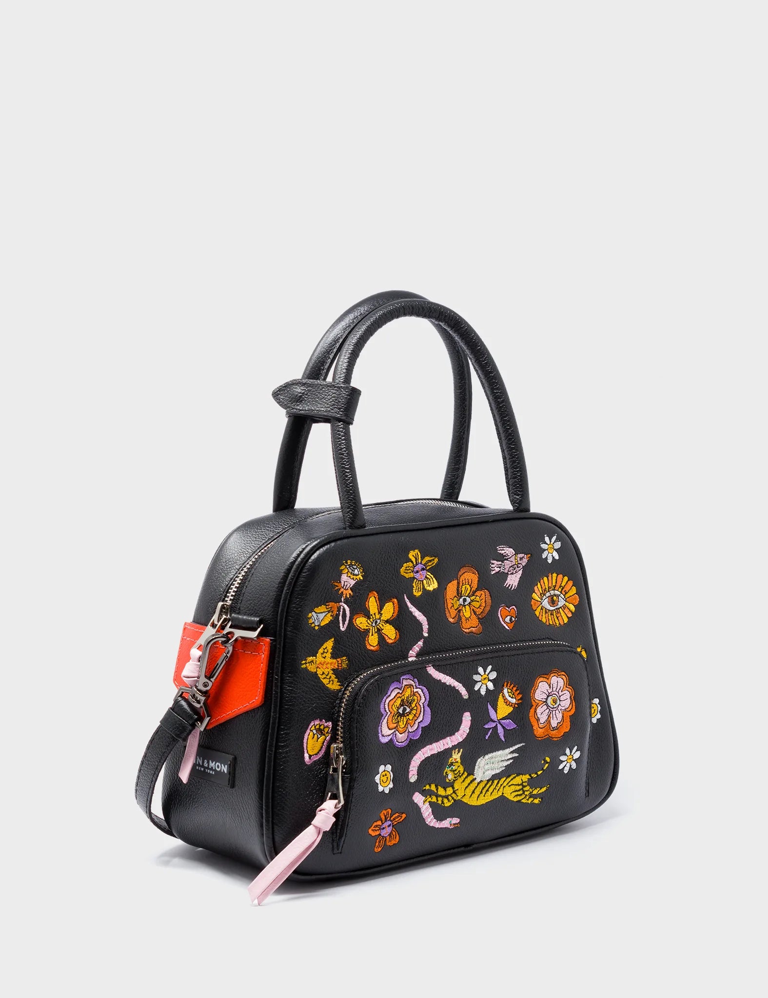 Marino Medium Crossbody Black Leather Bag - Vintage Bloom Embroidery