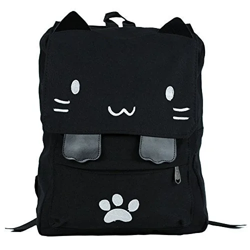 Black College Cute Cat Embroidery Canvas School Laptop Backpack Bags For Women Kids Plus Size