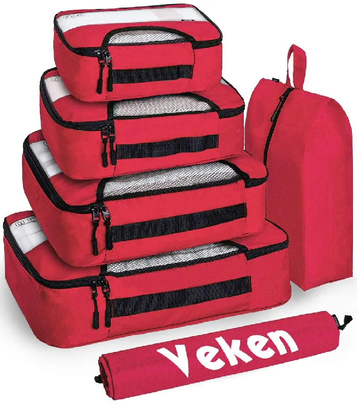 Veken 6 Set Packing Cubes, Travel Luggage Organizers with Laundry Bag and Shoe Bag(Red)