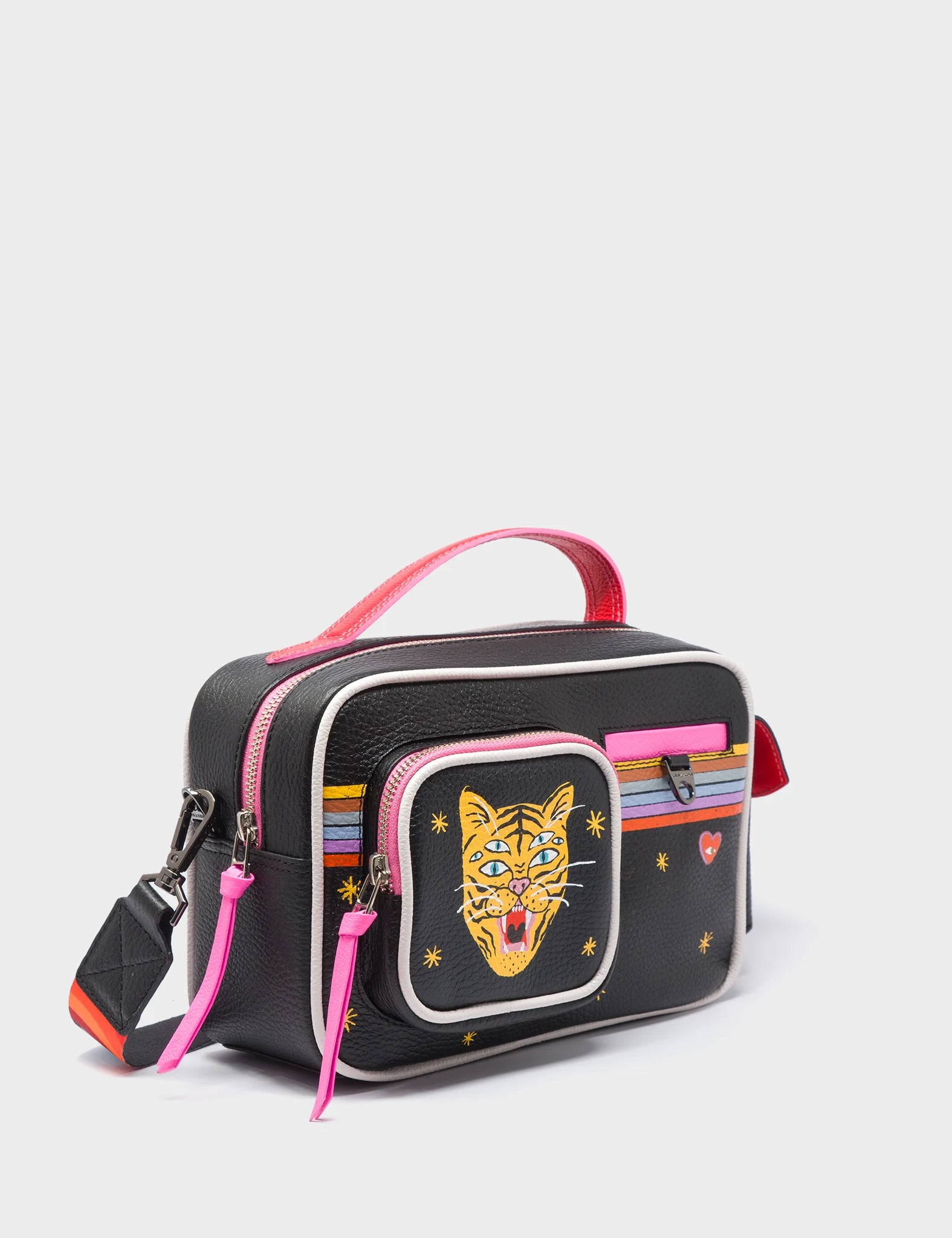 Ilan Radio Medium Black Crossbody Bag - Happy Tiger Design