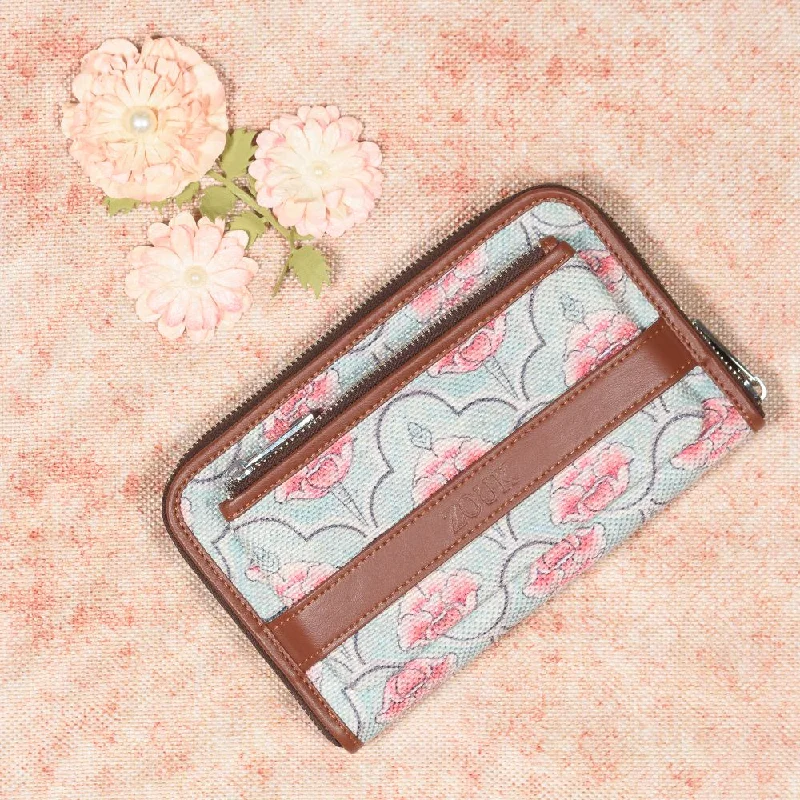 Karur Aquamarine Floral Motif Classic Zipper Metal Wallet