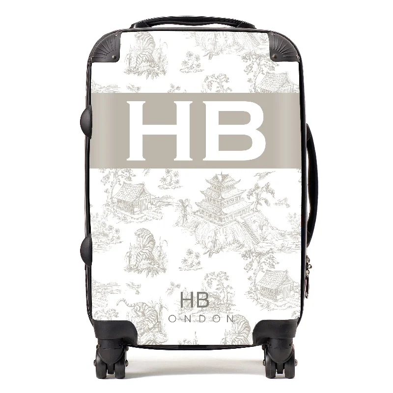 Personalised Greige Oriental Toile with Original Font Initial Suitcase