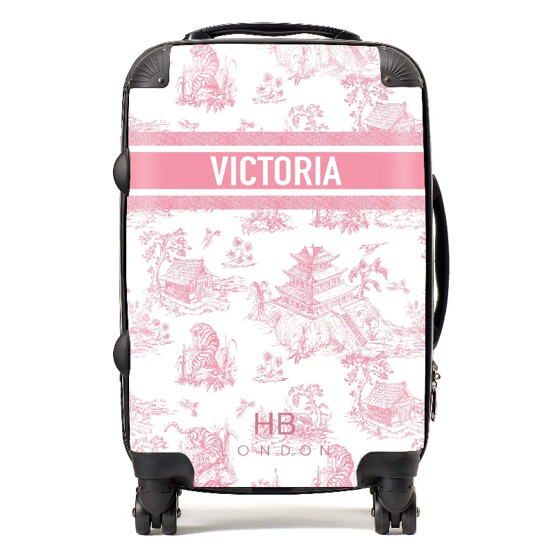 Personalised Pink Oriental Toile with Designer Font Initial Suitcase