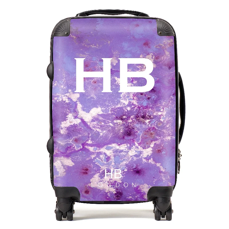 Personalised Purple and Off White Marble with White Font Initial Suitcase