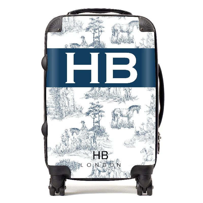 Personalised Navy French Toile with Original Font Initial Suitcase