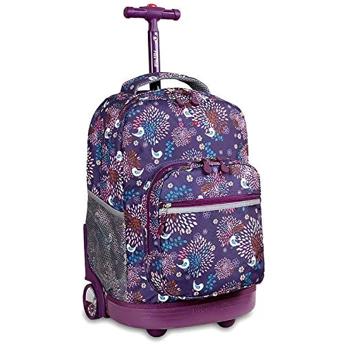 J World New York Sunrise 18-inch Rolling Backpack - Baby Birdy Purple Animal Polyester Adjustable Strap Lined Water Resistant