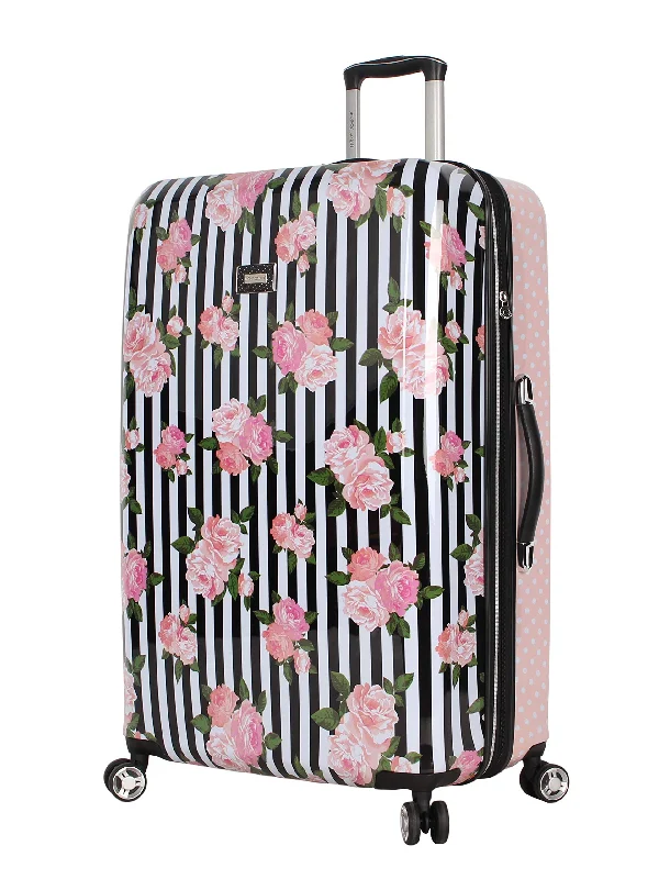 Betsey Johnson 30 Inch Checked Luggage Collection - Expandable Scratch Resistant (ABS + PC) Hardside Suitcase - Designer Lightweight Bag with 8-Rolling Spinner Wheels (Stripe Roses)