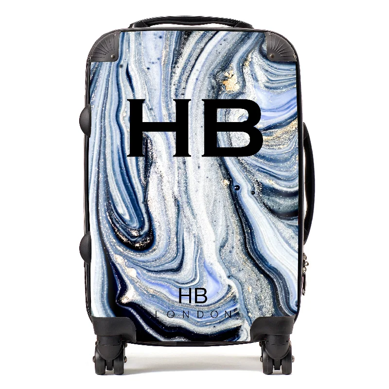 Personalised Blue and White Liquid Marble with Black Font Initial Suitcase