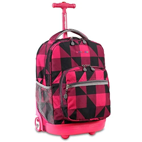 J World New York Sunrise 18-inch Rolling Backpack - Block Pink Black Plaid Polyester Adjustable Strap Lined Water Resistant