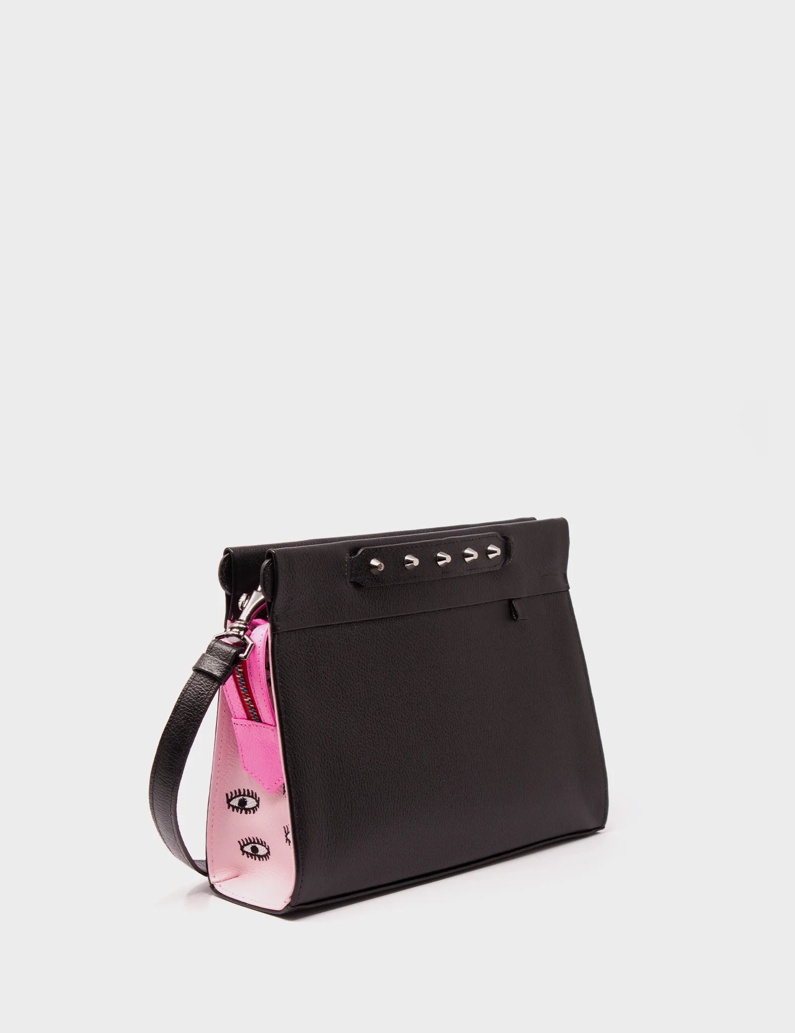 Vali Crossbody Small Parfait Pink And Black Leather Bag - All Over Eyes Embroidery