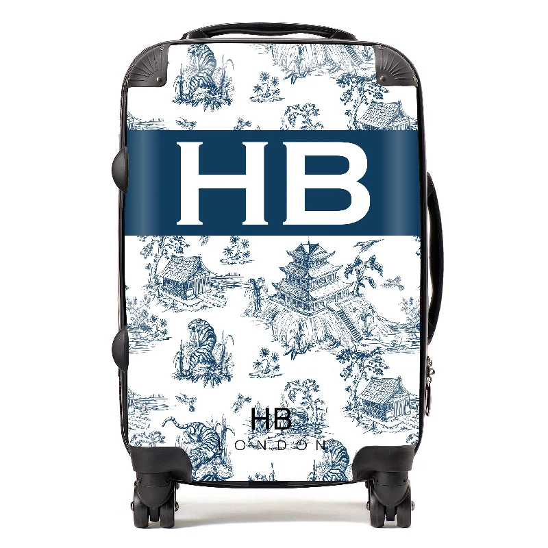 Personalised Navy Oriental Toile with Original Font Initial Suitcase