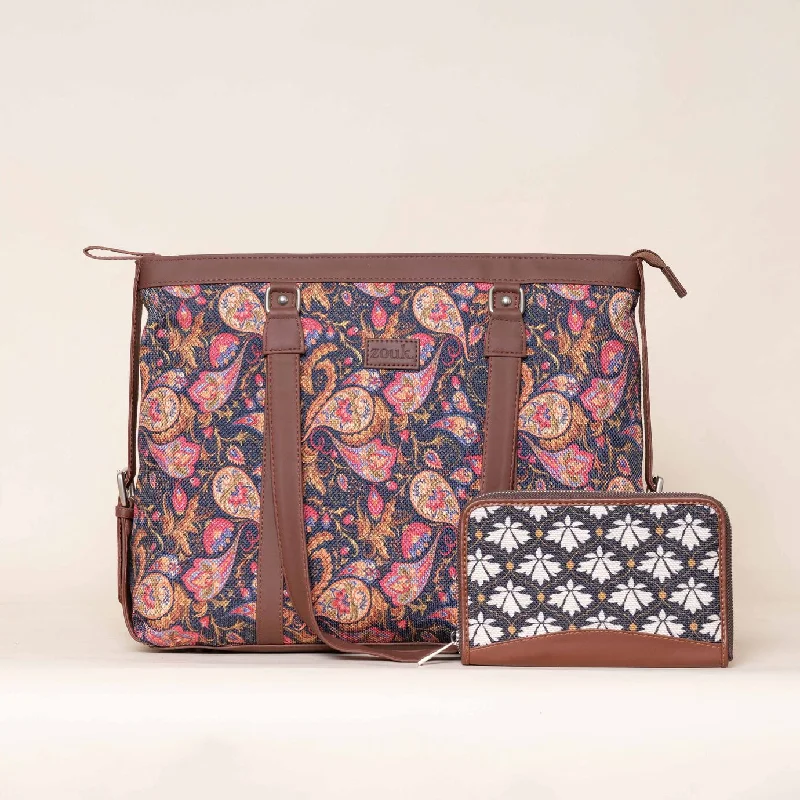 Paisley Print and Bidri Kaiser - Office Bag & Chain Wallet Combo