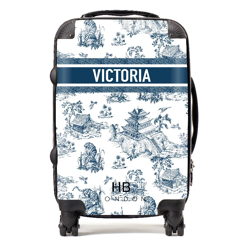 Personalised Navy Oriental Toile with Designer Font Initial Suitcase