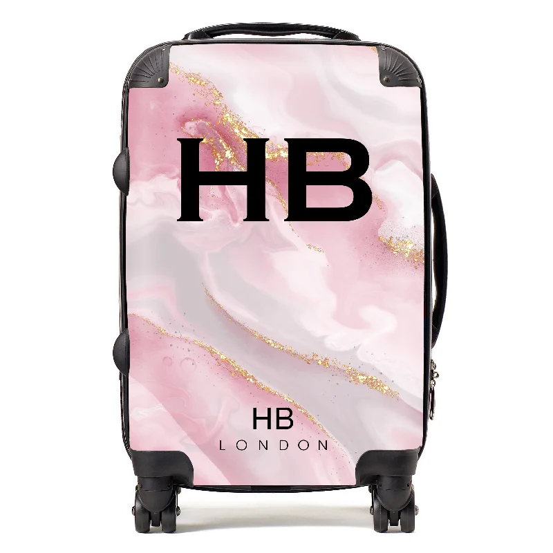 Personalised Pink, Grey and Gold Marble with Black Font Initial Suitcase