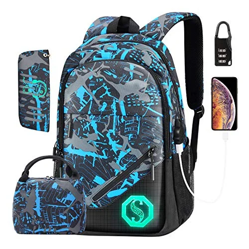 Backpack for Boys, Kids School Backpack boy with USB Charging Port Lunch Bag and Pencil Case, School Bag Kids 3-in-1 Bookbag Set, Water Resistant Teens Bookbag Fashion School Bags (Blue)