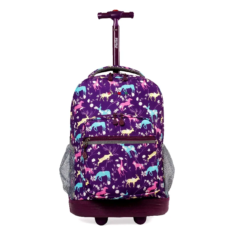 J World New York Sunrise 18-inch Rolling Backpack - Safari Purple Animal Polyester Adjustable Strap Lined Water Resistant