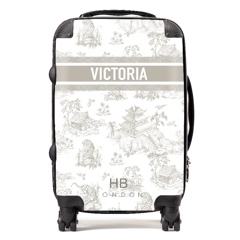 Personalised Greige Oriental Toile with Designer Font Initial Suitcase