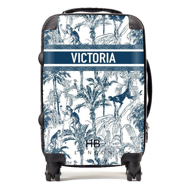 Personalised Navy Jungle Toile with Designer Font Initial Suitcase