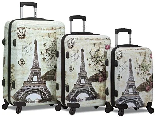 Dejuno 3-Piece Printed Lightweight Hardside Spinner Upright Hard Case Luggage Set - Paris Stamp