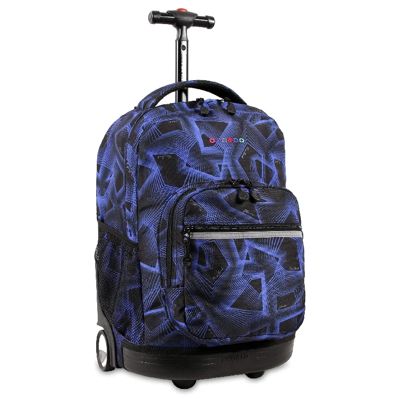 J World New York Sunrise 18-inch Rolling Backpack - Disco Blue Graphic Aluminum Plastic Multi-Compartment Adjustable Strap